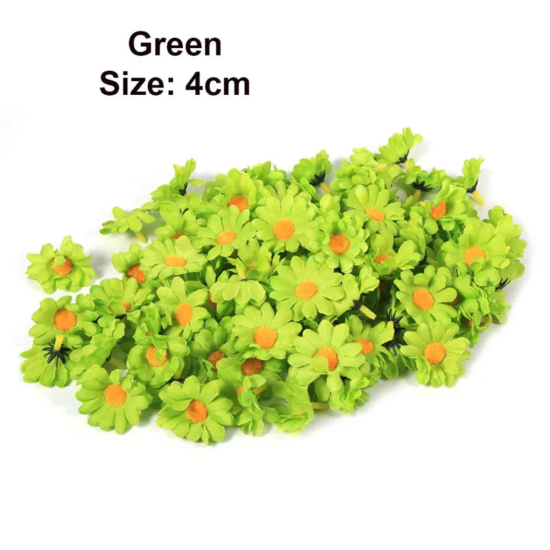 A cluster of green artificial sunflower and daisy heads, size 4cm.