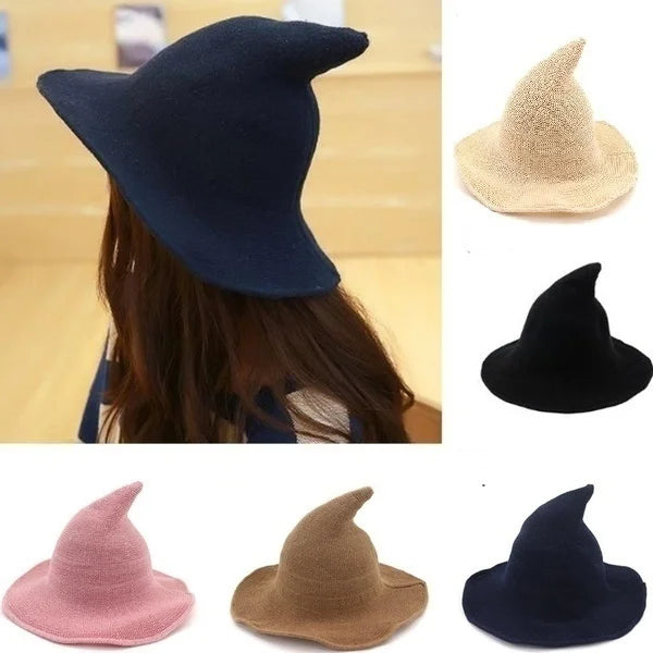 A collection of vintage knit witch hats in various colors including navy blue, black, beige, and pink.