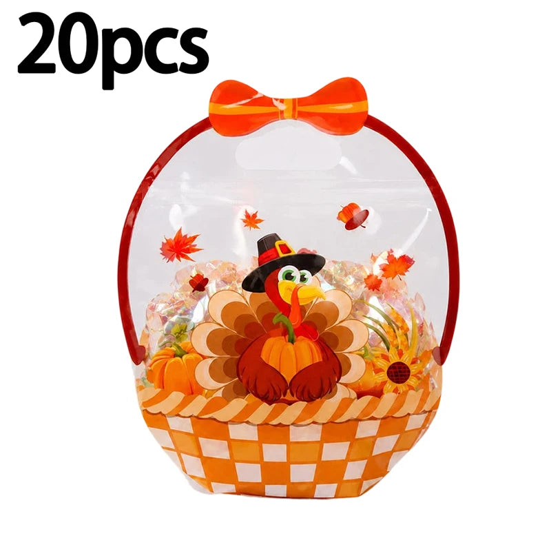 A clear bag filled with Halloween pumpkin witch treats and orange-colored decorative elements.