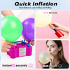 Portable electric balloon inflator showing quick inflation of balloons in various colors and a woman using it.