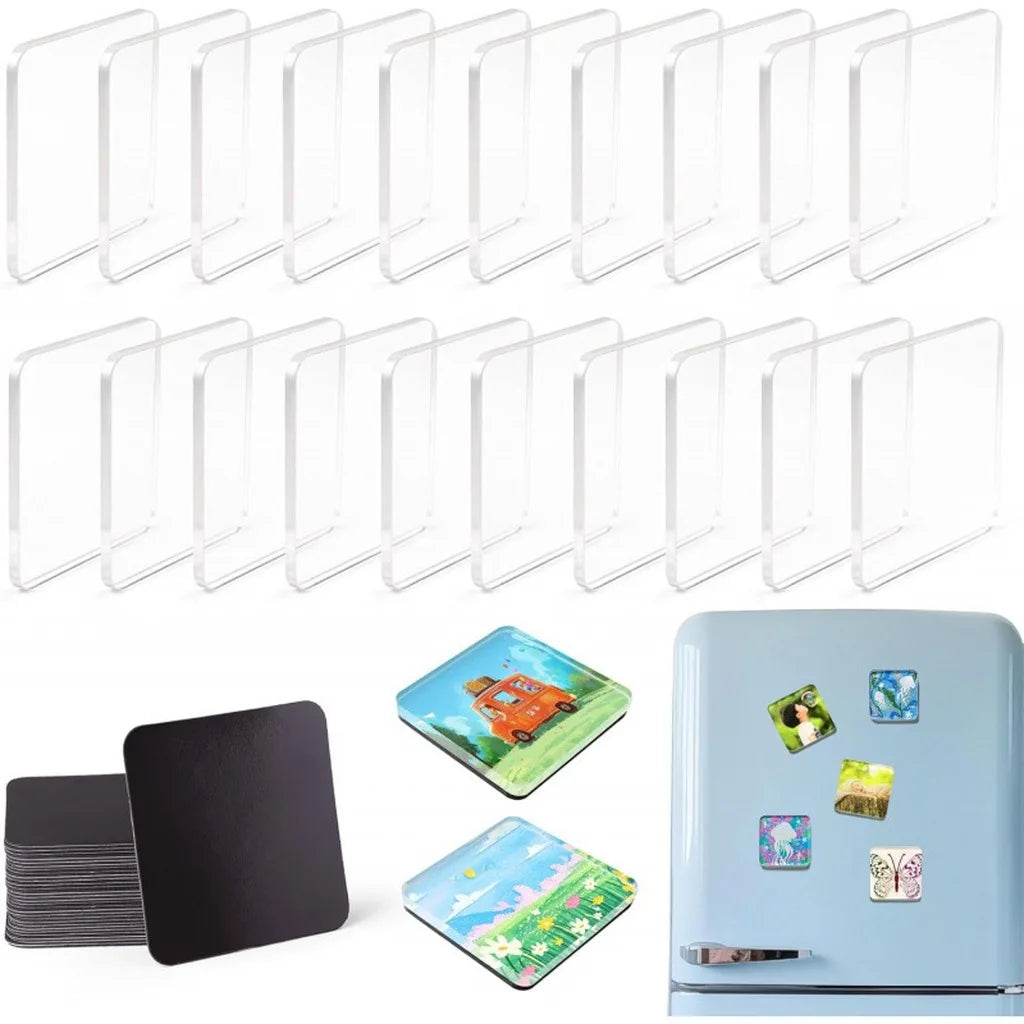 A collection of clear acrylic fridge magnets and a black magnetic strip are displayed.