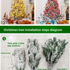 Diagram showing the three steps for installing a flocked artificial Christmas tree using tree poles and a base.