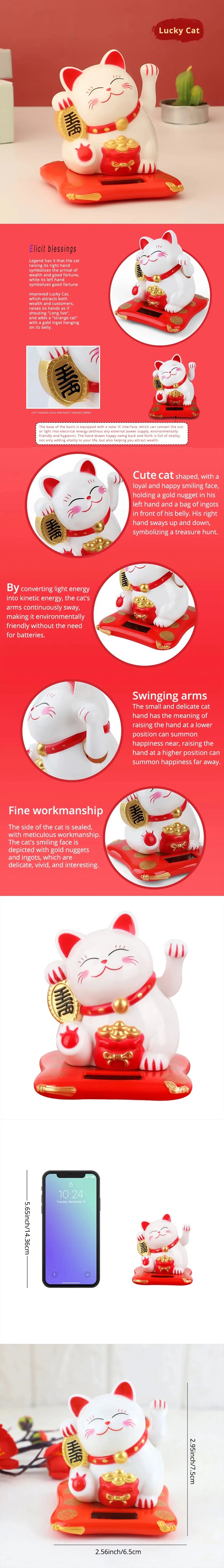 A white cat figurine with a waving arm sitting on a red base, designed as a solar-powered lucky charm.