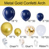A kit for a metal gold confetti arch featuring navy blue balloons, chain, glue, and ribbon.