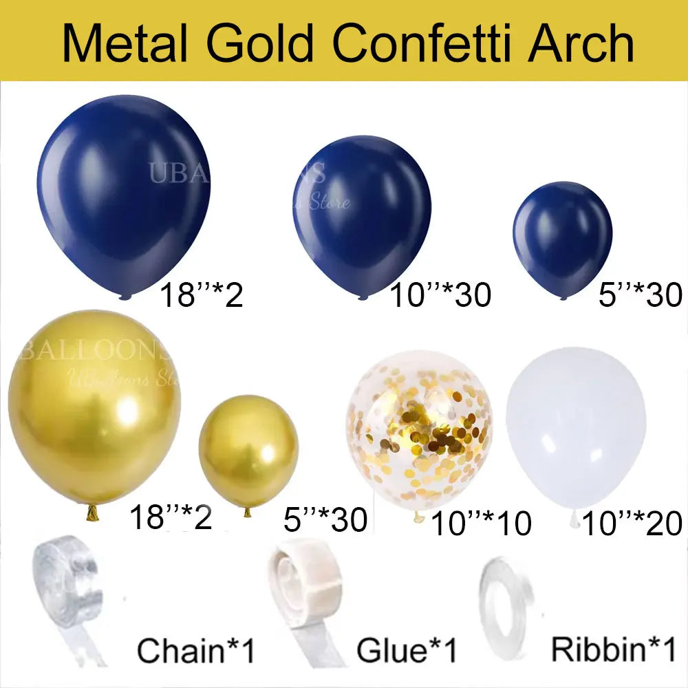 A kit for a metal gold confetti arch featuring navy blue balloons, chain, glue, and ribbon.