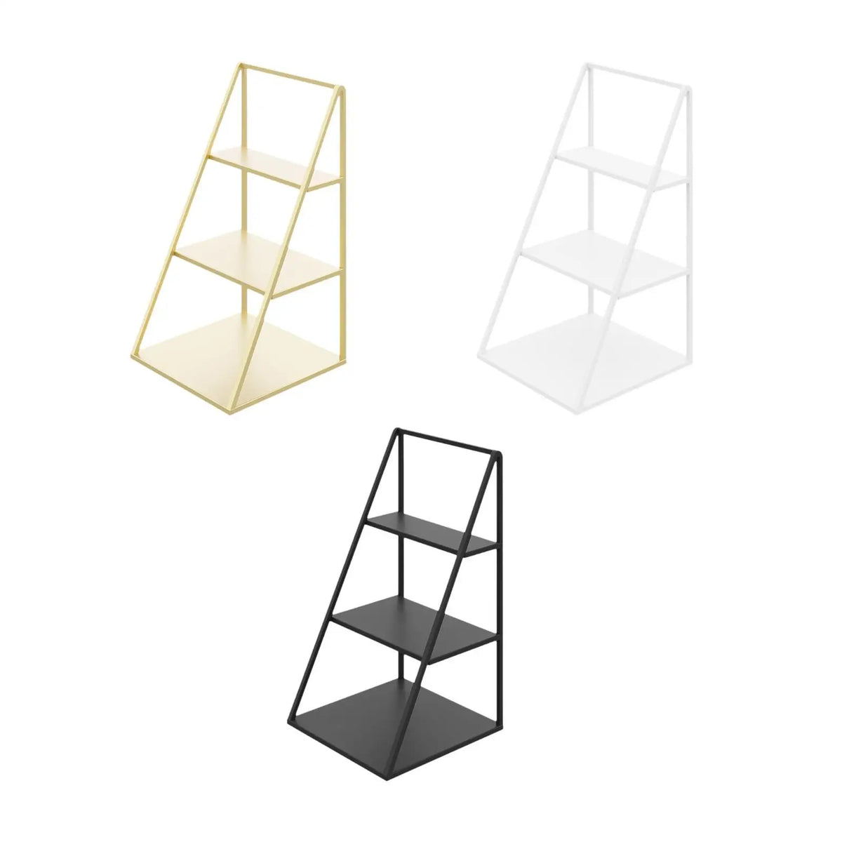 A set of three tiered iron display racks for cosmetics and jewelry in gold, white, and black finishes.