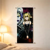 A vertical anime print featuring a female character with blonde hair and dark clothing, displayed as a hanging scroll on a wa