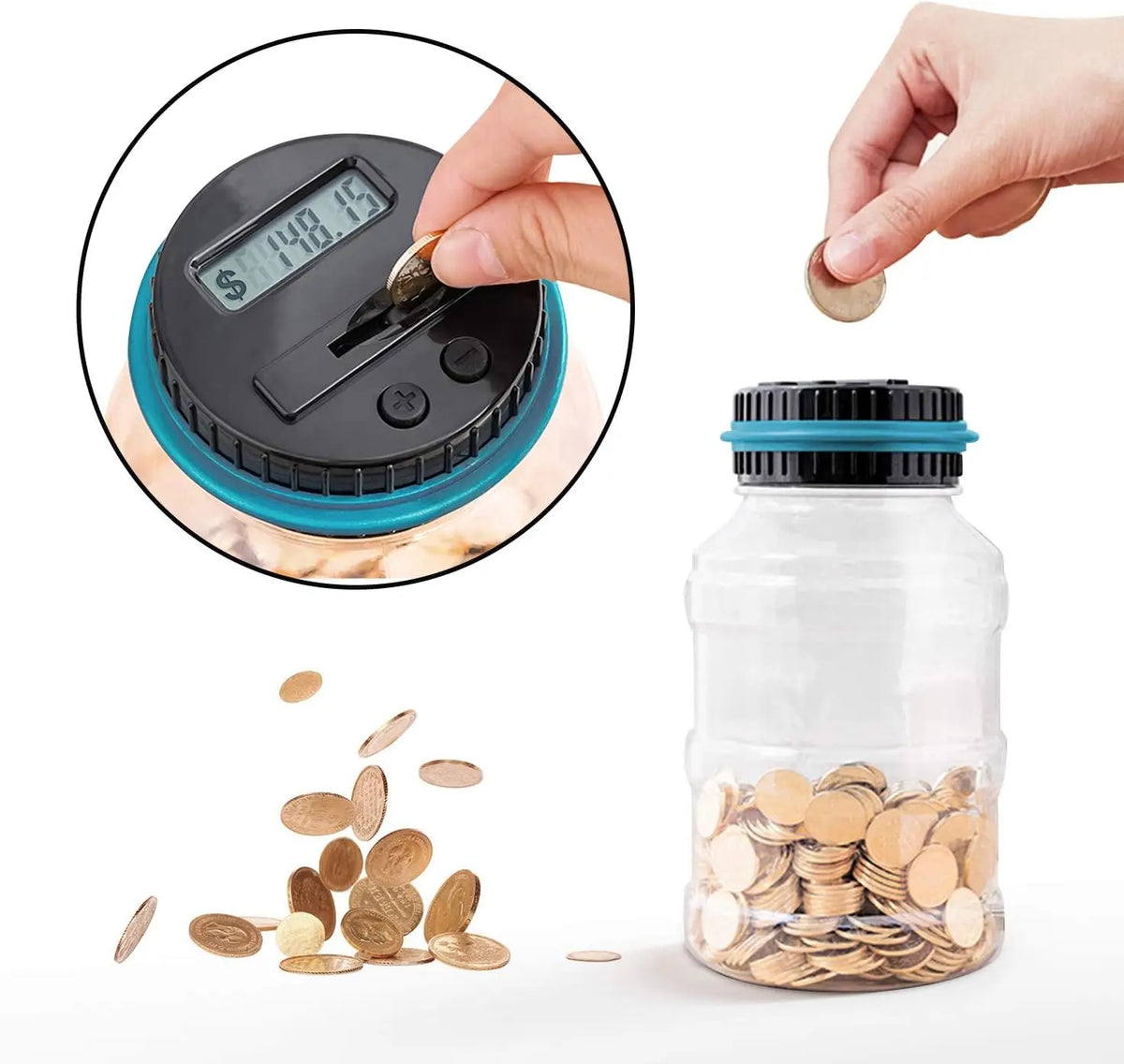 A hand is using a coin to measure the amount in a transparent piggy bank filled with gold coins.