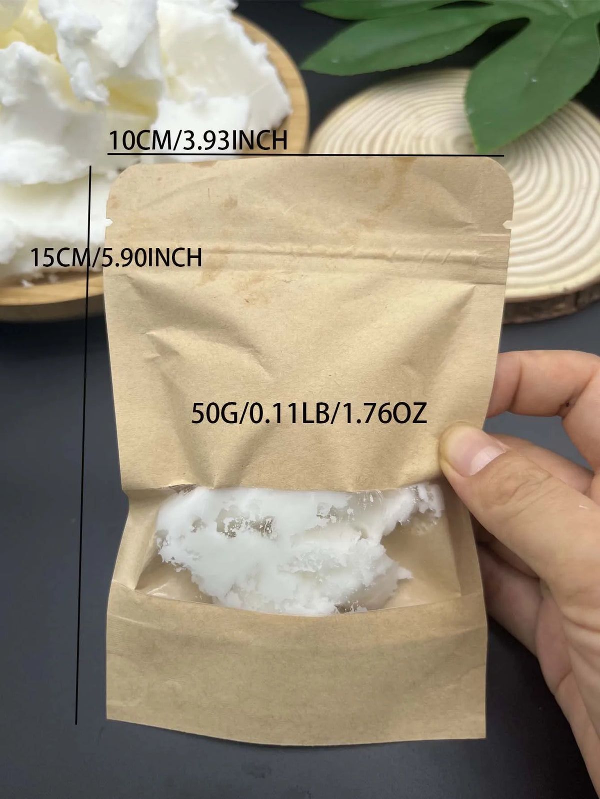A brown paper pouch containing natural white coconut wax for candle making supplies.