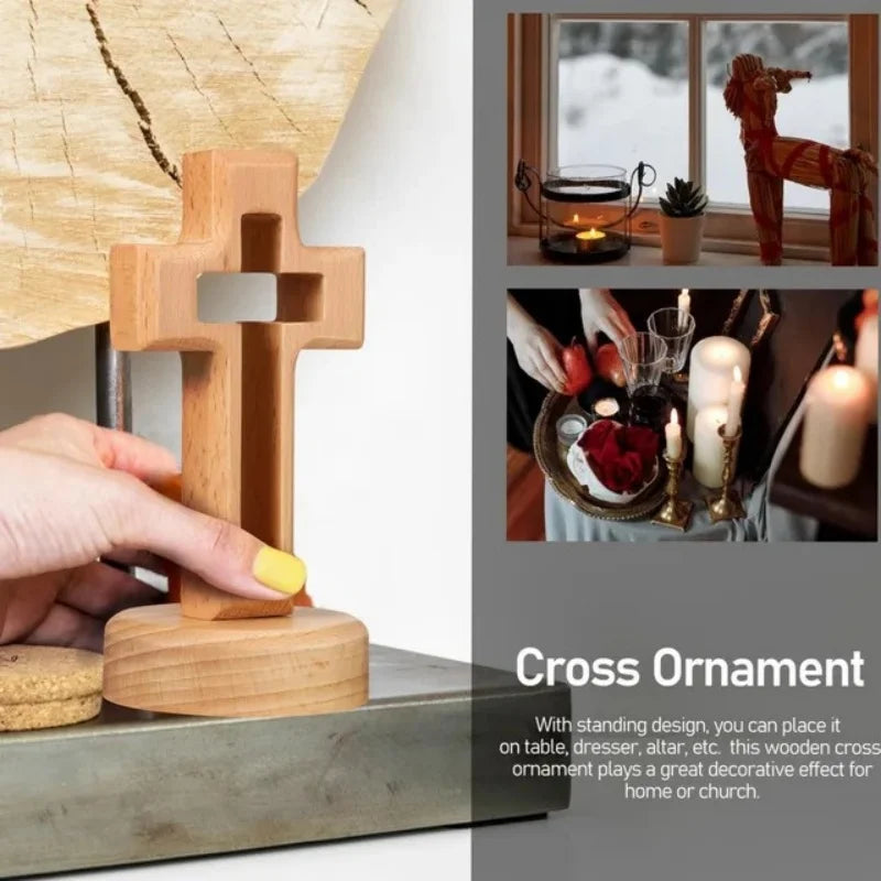 A wooden cross ornament with a standing design displayed next to various religious items.