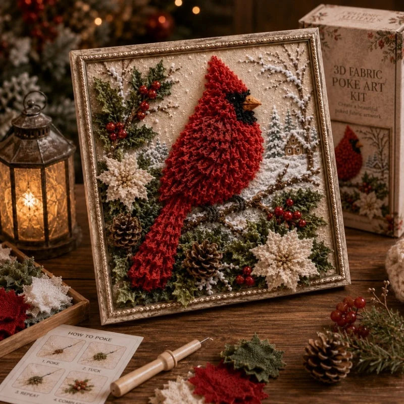 A framed 3D fabric poke art kit featuring a red bird in a winter forest scene with snow and greenery.