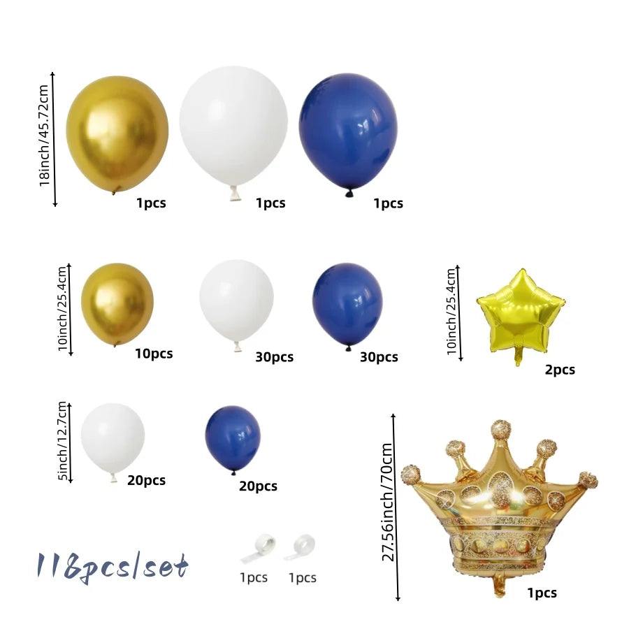 A set of 118 balloons in navy blue, white, and gold colors, including balloons and a crown.