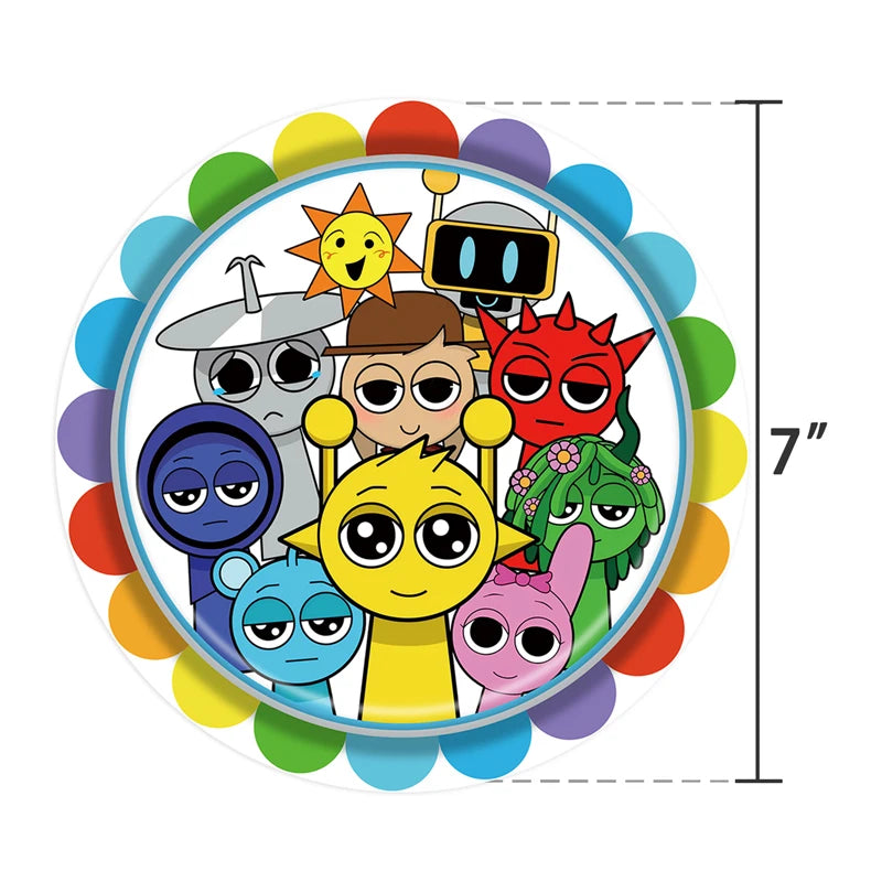A colorful set of Incredibox Sprunki birthday party supplies featuring various character figures.