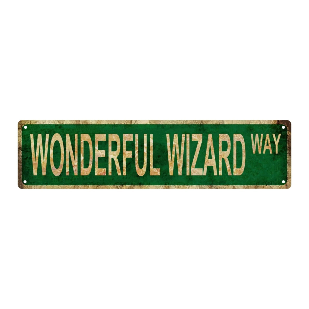 Vintage green metal tin sign with gold lettering that reads Wonderful Wizard Way