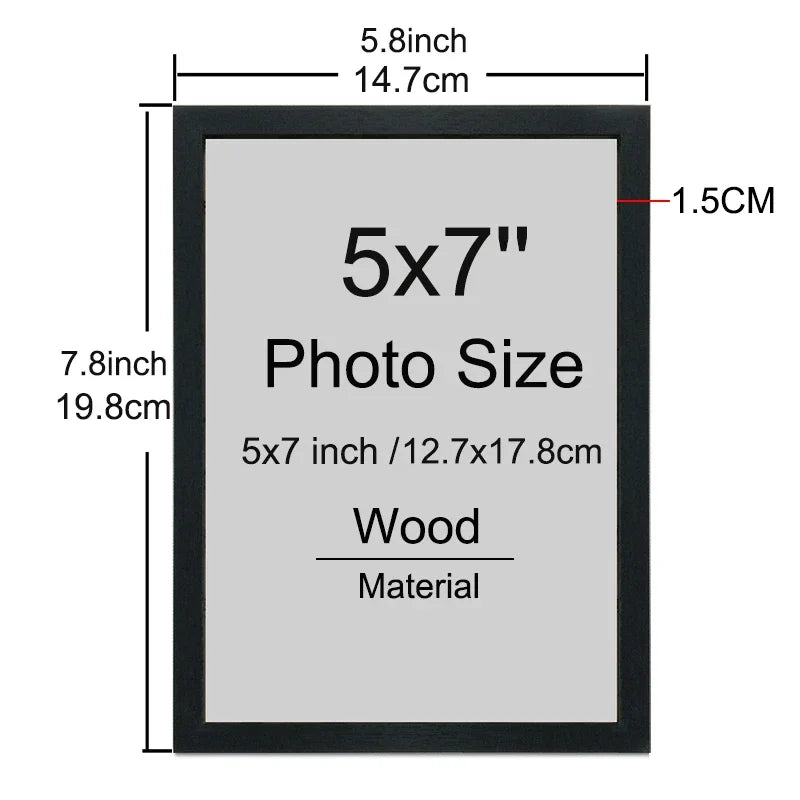A black wooden picture frame with a gray mat displaying the text 5x7 Photo Size Wood Material