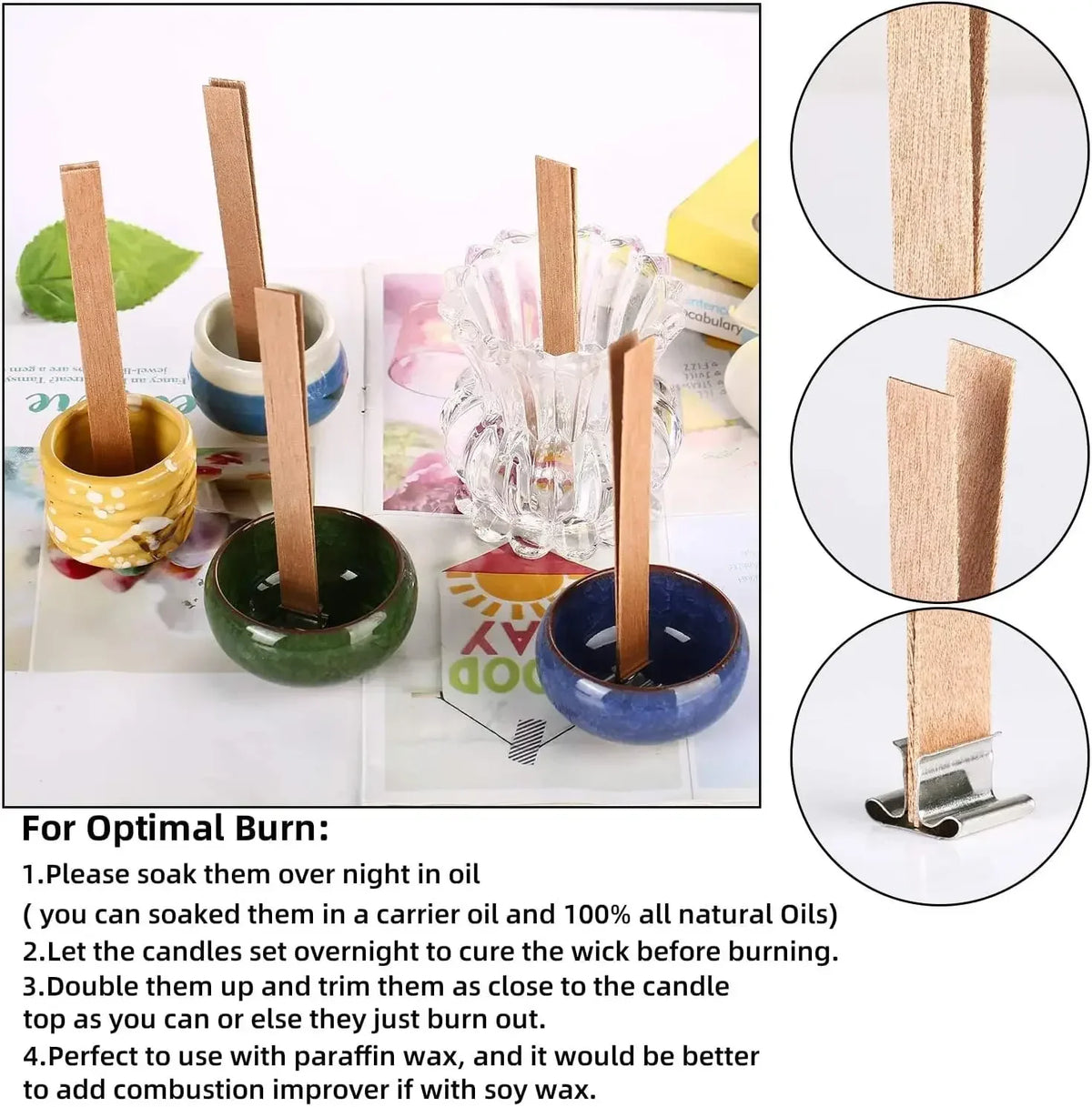 Un ensemble de bougies en cire de soja faites à la main avec des mèches en bois de différentes couleurs et tailles