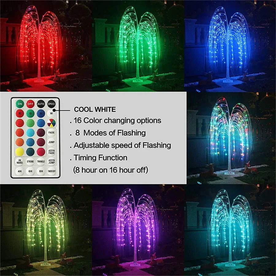 A display of 400 LED RGB color changing weeping willow tree lights in various colors and flashing modes.