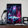 A dark canvas print featuring a neon pink and blue retro gaming console and controller against a vibrant, chaotic background.
