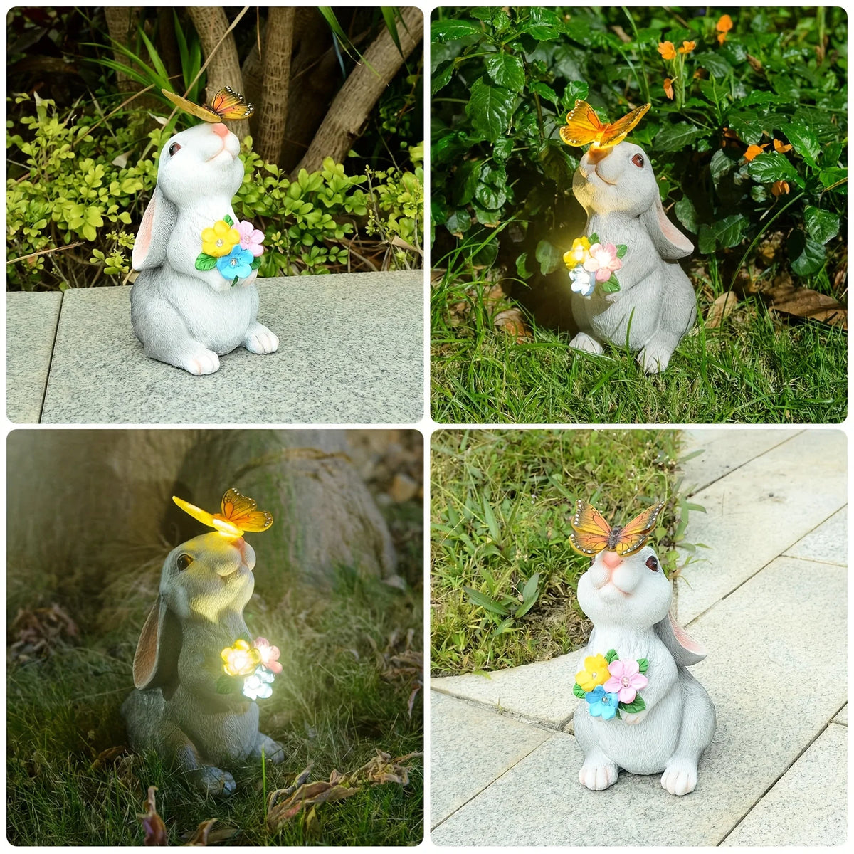 A white rabbit garden statue with a butterfly light is placed on a stone surface surrounded by green foliage.