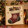 A framed picture of a Christmas stocking made with red and green sequins and pearls on a gold background.