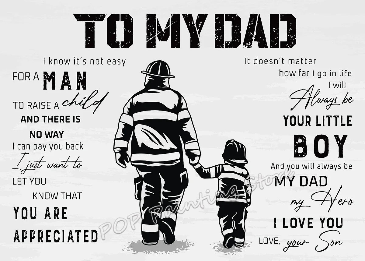 A black and white illustration of a father and son with text that reads To My Dad.