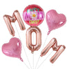 A set of six pink foil balloons including a heart, a number zero, and a balloon with the words Happy Mother's Day.