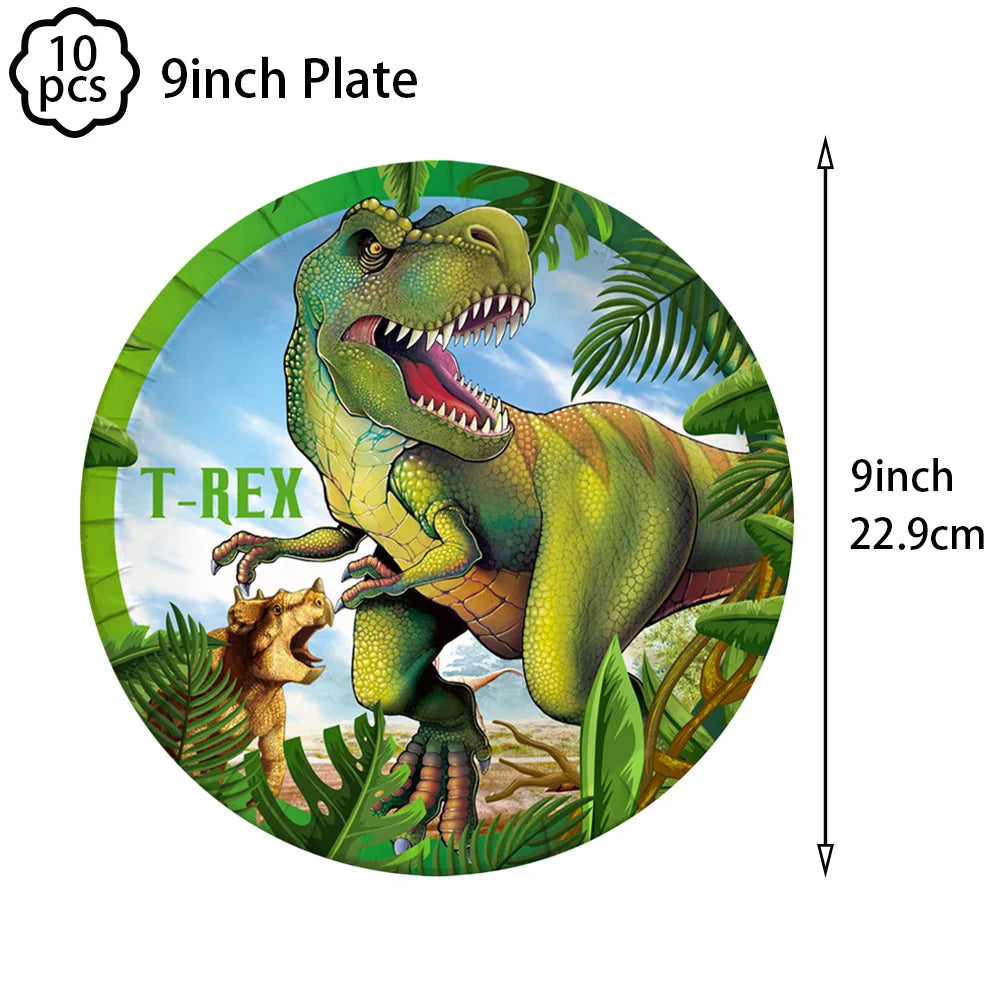 A green T-Rex dinosaur decoration for a birthday party kit featuring a banner and standing balloons.