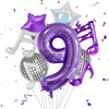 A set of purple musical number balloons, including a star and the number nine.