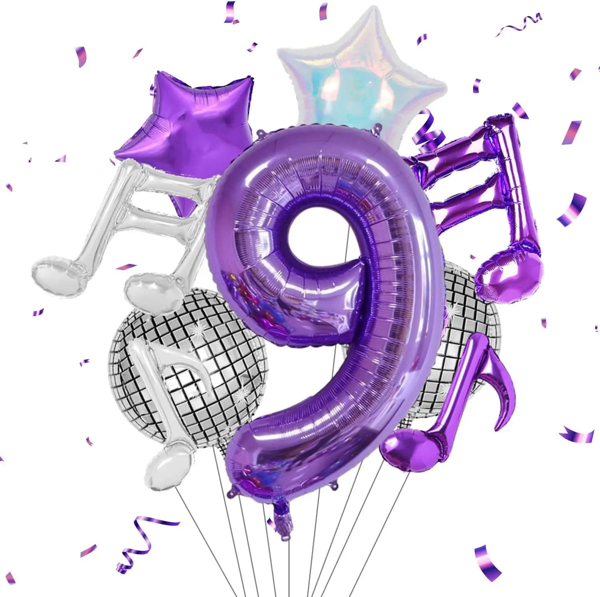 A set of purple musical number balloons, including a star and the number nine.