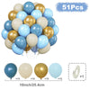 A collection of 51 balloons in various shades of blue and gold, including confetti accents, packaged with a ring.