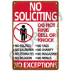 A vintage red metal sign with white text warning against soliciting, including prohibitions on politics, salesmen, charity, e
