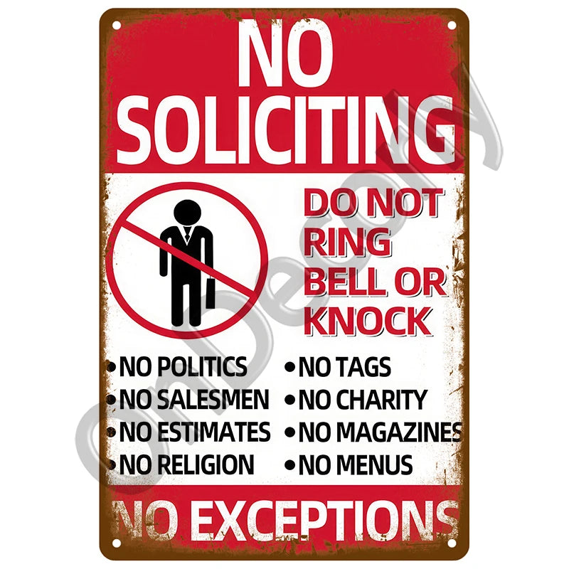A vintage red metal sign with white text warning against soliciting, including prohibitions on politics, salesmen, charity, e