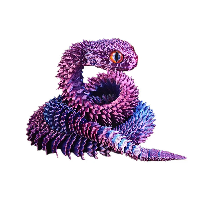 A purple and blue 3D printed rotatable snake art model with an orange eye.