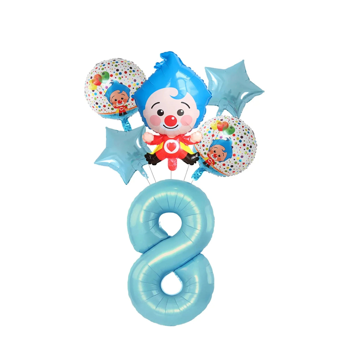 A set of blue and red circus theme birthday party decor including balloons and a large number 8 balloon