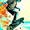 A dynamic illustration of a person skateboarding mid-air against a bright yellow background with splashes of orange and teal.