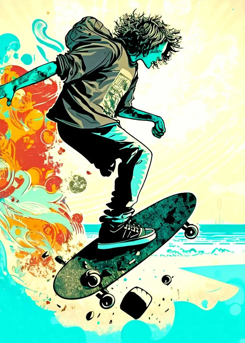 A dynamic illustration of a person skateboarding mid-air against a bright yellow background with splashes of orange and teal.