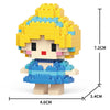 A yellow and blue LEGO-style minifigure model kit featuring spiky blonde hair and a blue dress.