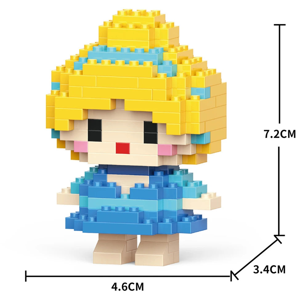 A yellow and blue LEGO-style minifigure model kit featuring spiky blonde hair and a blue dress.