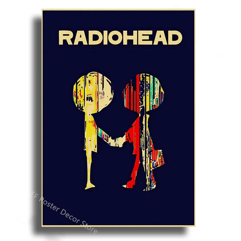Poster featuring the Radiohead logo and a silhouette of two figures in distressed, colorful retro style.