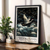 Black framed canvas art featuring a white crane in flight against a dark, starry night sky and blue waves.