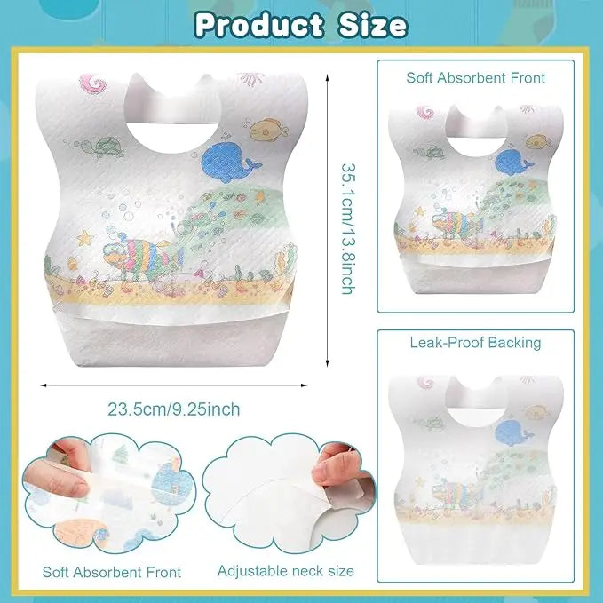 White disposable baby bibs with a soft absorbent front and adjustable neck size