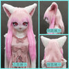Pink customizable furry cosplay head featuring long hair and detachable paws shown from the front and back.