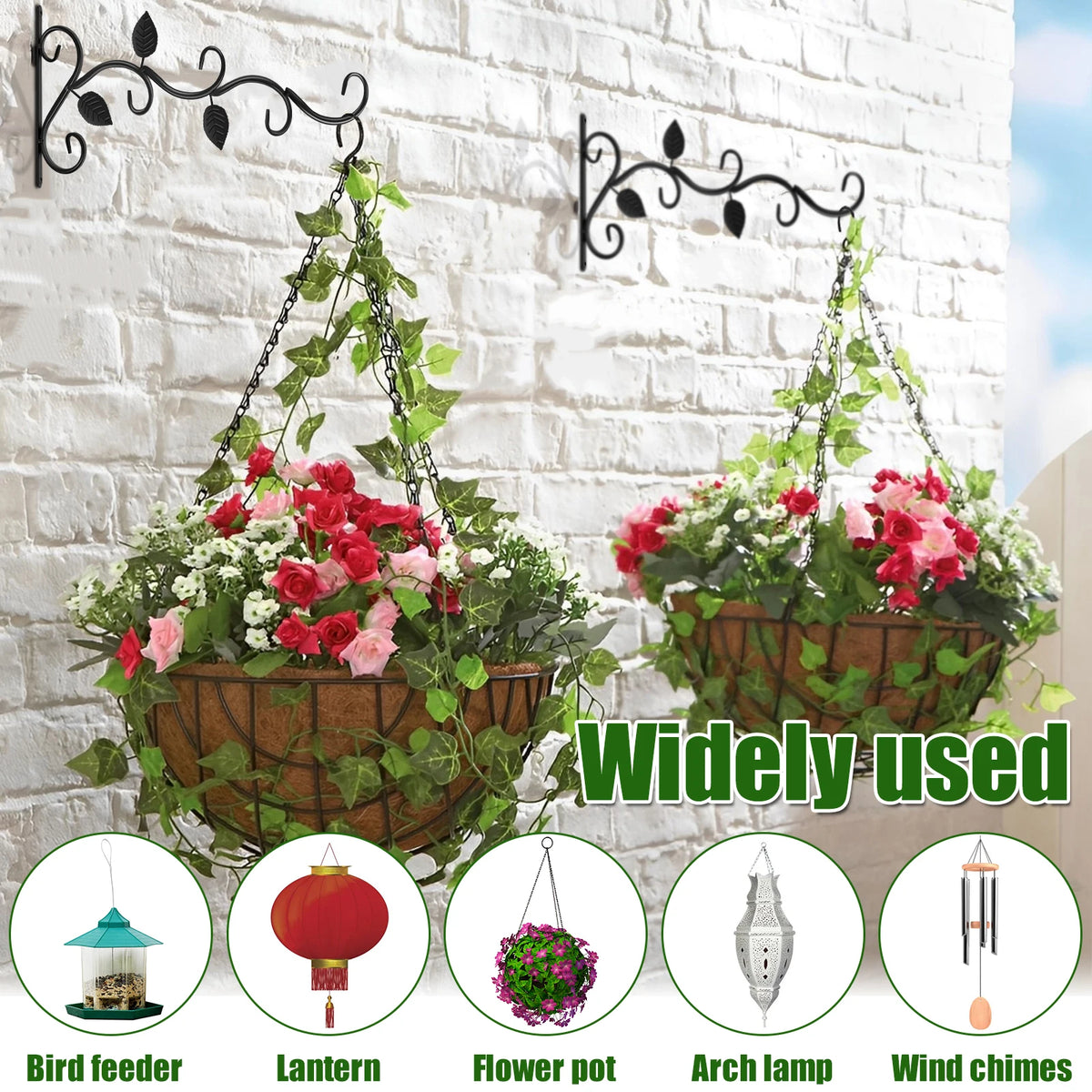 Vintage iron wall hooks used for hanging plants and garden decor