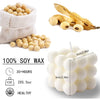 A set of white soy wax candles in cube shape, with raw wax and finished candles shown.