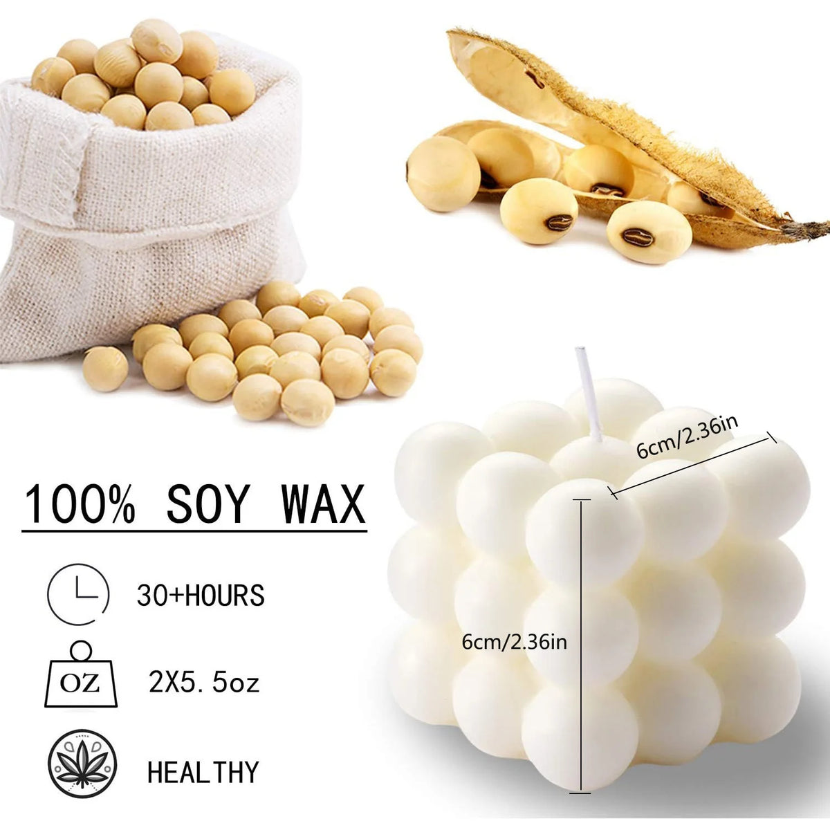A set of white soy wax candles in cube shape, with raw wax and finished candles shown.
