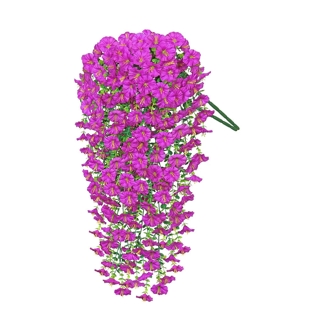 A vertical arrangement of vibrant purple artificial morning glory flowers hanging in a cascade.