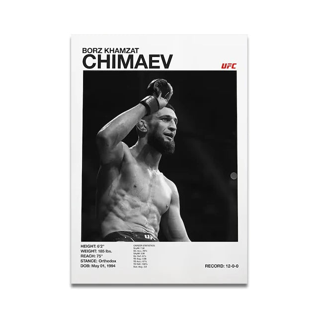 Schwarz-weißes Porträt eines Boxers namens Borz Khamzat Chimaev mit UFC-Branding.