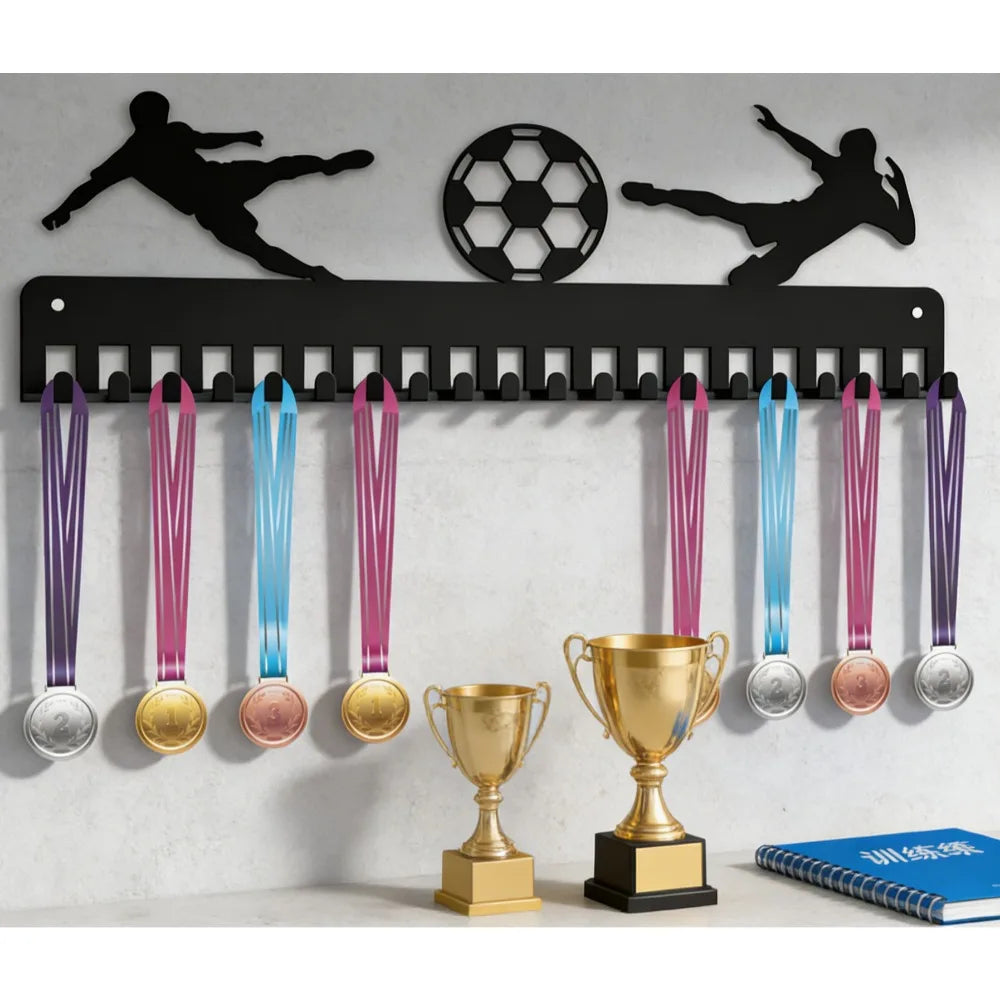 A black metal medal display rack with 20 hooks for wall mounting, featuring various colored medals and a soccer ball silhouet
