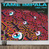 A vibrant tapestry featuring psychedelic patterns and stylized eyes in neon pink, orange, and purple colors.