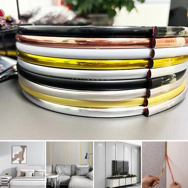 A stack of self-adhesive PVC wall trim tape in various colors, including black, silver, gold, and yellow.